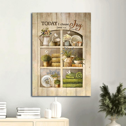 Today I Choose Joy With A Pretty Flower Vase And A Delicate White Butterfly Canvas Poster Featuring James 1:2 Verse