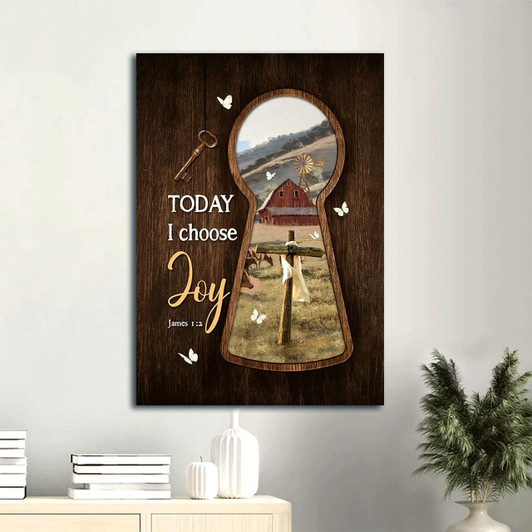 Today I Choose Joy With Key And Cross Symbols Set In A Tranquil Green Meadow Land Portrait Canvas Gift For Christian