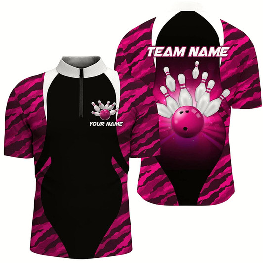 Goofygear Pink Camo Bowling Shirts Men Bowling Jersey Unisex Custom 1/4 Zip Bowling Team Shirt