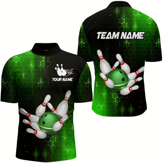 Goofygear Personalized Green Bowling Shirts Men Bowling Team Jersey Bowling 1/4 Zip Shirt