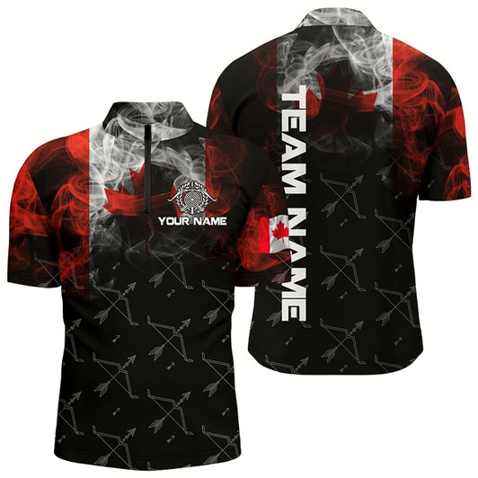 Goofygear Personalized Vintage Smoke Canadian Flag Archery 3D Quarter-Zip Shirts For Men, Bows Archery Shirts