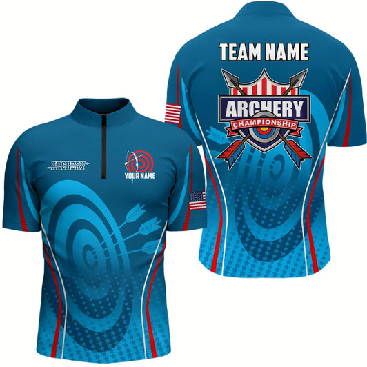 Goofygear Personalized Blue Red Target Archery Quarter-Zip Shirts For Men, Us Flag Archery Champion Shirts