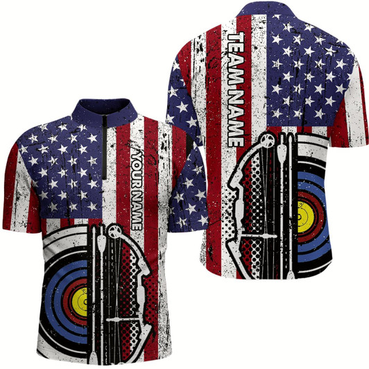 Goofygear Personalized Retro American Flag 3D Target Archery Quarter-Zip Shirts For Men, Archery Team Shirts