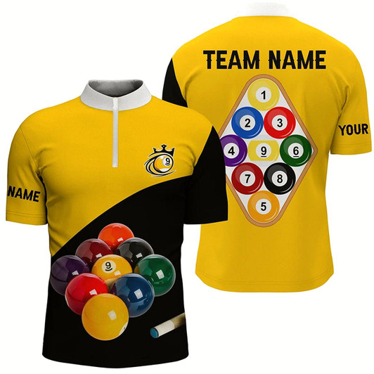 Goofygear Personalized 9 Ball Pool Billiard Men Quarter-Zip Shirts, 3D Billiard Balls Jerseys Shirts Style 1