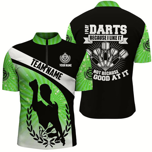 Goofygear I Play Darts Because I Like It Green Halo Darts Quarter Zip Shirt Dart Jerseys For Men