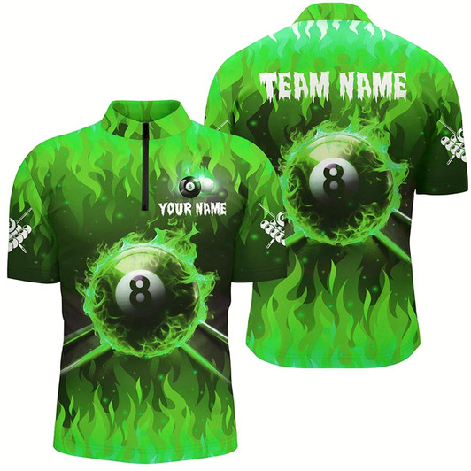 Goofygear Personalized Green 3D 8 Ball Pool & Fire Men Quarter-Zip Shirt Custom Billiard Apparel
