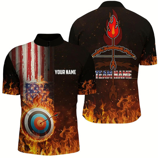 Goofygear Personalized Us Flag Flaming Target Archery 3D Quarter-Zip Shirts For Men, Bow Arrow Archery Shirts