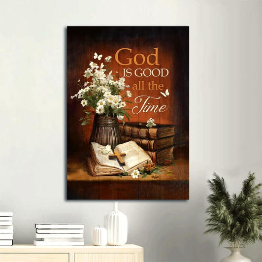 God Is Good All The Time Vintage Canvas Wall Art With Antique Bible & Daisy Vase A Perfect Christian Gift For Reflection