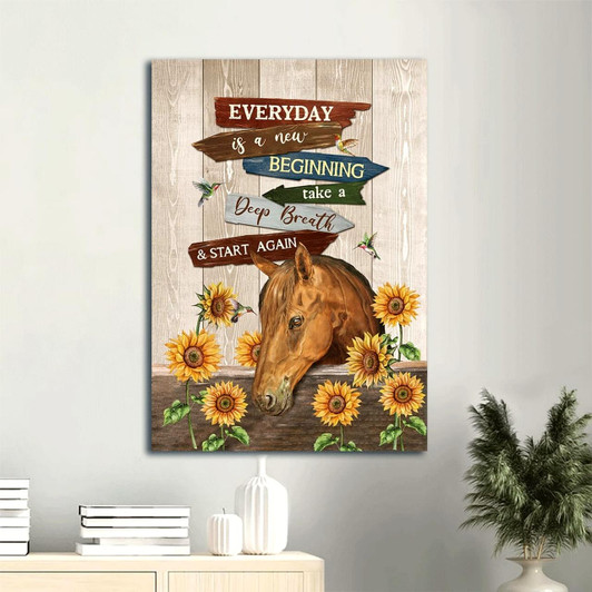 Everyday Is A New Beginning Canvas Wall Art With Horse Sunflower And Hummingbird Portrait Gift For Christian