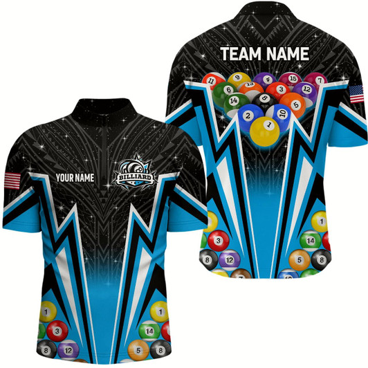 Goofygear Custom Blue 3D 8 Ball Billiard Jersey Men Quarter-Zip 8 Ball Pool Team League Billiard Shirt