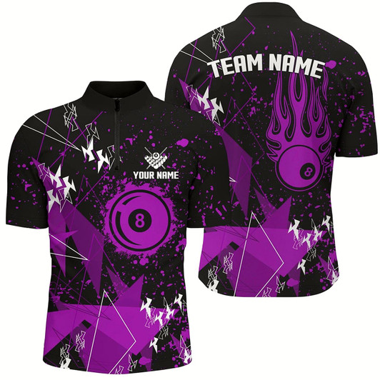 Goofygear Personalized Purple Grunge Billiard Men Quarter-Zip Shirts, Billiards Jerseys For Pool Player