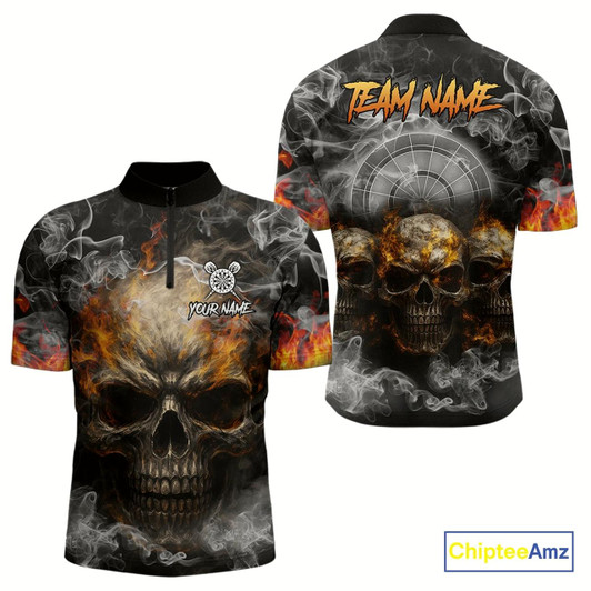 Goofygear Smoke Skull Darts Grunge Men'S Darts Quarter-Zip Shirt - Custom Name For Players