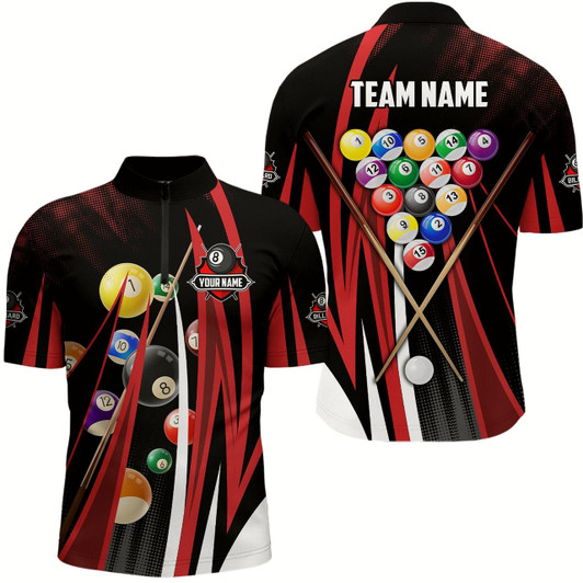 Goofygear Personalized Red 3D Billiard Balls Men Quarter-Zip Shirts, Pool League Billiard Jerseys