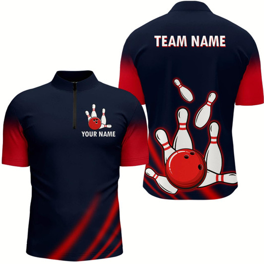 Goofygear Custom Navy Bowling Shirt For Men & American Bowling Team Jersey 1/4 Zip Bowling Outfit Style 1