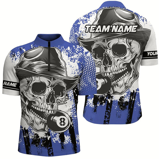 Goofygear Blue Billiard Skull Holding 8 Ball Men Quarter-Zip Shirts Custom Billiard Jersey Attire