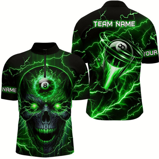 Goofygear Personalized Skull Billiard Men Quarter-Zip Shirts Custom Name 8 Ball Pool Jerseys Green