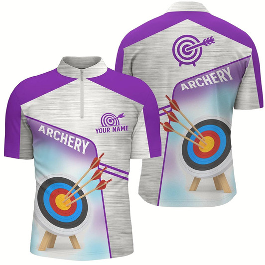 Goofygear Personalized Purple Grey 3D Target Archery Quarter-Zip Shirts For Men, Custom Name Archery Jerseys