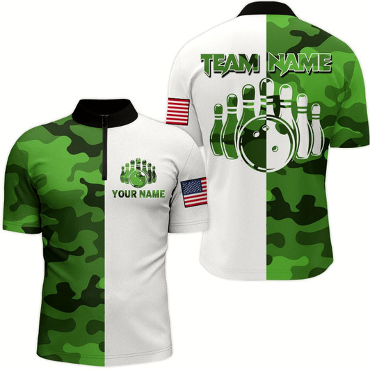 Goofygear Custom Bowling Jersey Men Green Camo Bowling Shirts Uniform Quarter-Zip