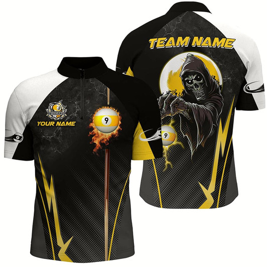 Goofygear Funny Death Skeleton Ball 9 Fire Custom Men Quarter-Zip Shirts, 9 Ball Billiard Jersey