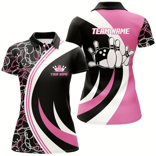 Goofygear Pink Bowling Polo Shirt For Women Seamless Pattern Bowling Jersey Custom Bowling Team Shirt