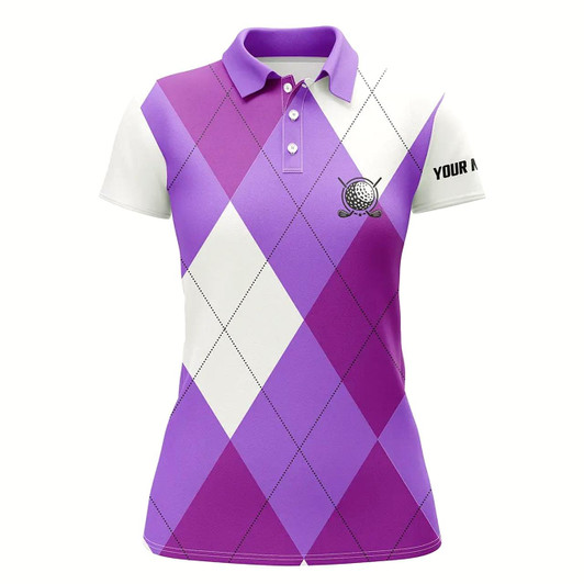 Goofygear Womens Golf Polos Shirts Custom Purple And White Golf Argyle Plaid Pattern, Personalized Golf Gifts