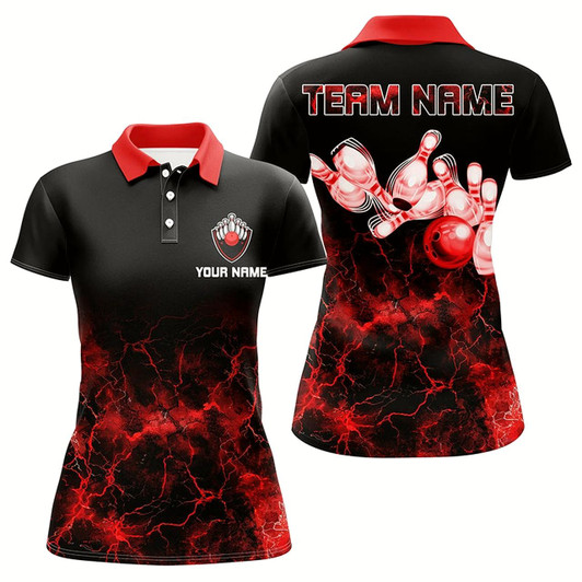 Goofygear Personalized Womens Bowling Polo Shirt Red Lightning Bowling Ball Pins Bowling Jerseys For Bowler