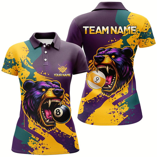 Goofygear Funny Bear 8 Ball & 9 Ball Pool Custom Women Billiard Shirts, Grunge Colorful Billiard Team Shirts