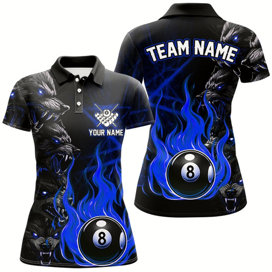 Goofygear Personalized Wolf Flaming 8 Ball Pool Fire Women Billiard Shirts Team League Billiard Jerseys Blue