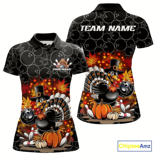 Goofygear Custom Funny Thanksgiving Turkey Bowling Women Polo Shirts, Autumn Bowling Shirt