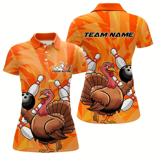 Goofygear Custom Funny Thanksgiving Turkey Bowling Women Polo Shirts, Bowling League Shirt Style 1