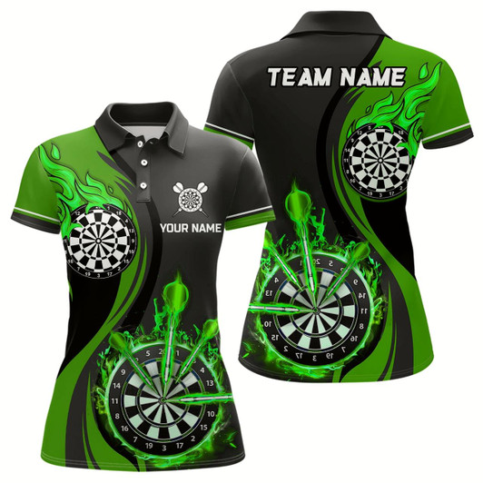 Goofygear Green Fire Flame Womens Darts Polo Shirt Custom Dart Shirts For Women Dart Jerseys Style 1
