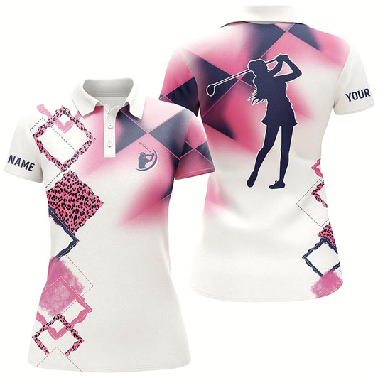 Goofygear Womens Golf Polo Shirt Pink Leopard Custom Name White Golf Shirt, Women Golf Tops