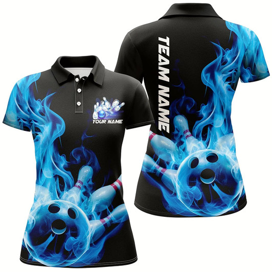 Goofygear Custom Black And Blue Flame Bowling Polo Shirts For Women, Blue Fire Bowling Team Shirt