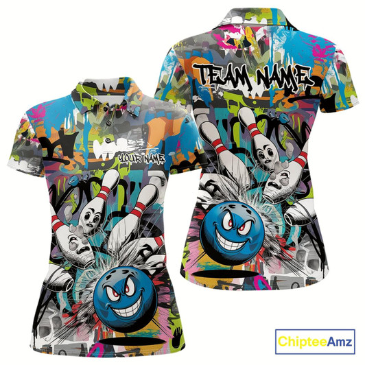 Goofygear Custom Funny Graffity Bowling Polo Shirts For Women, Bowling Team Shirt