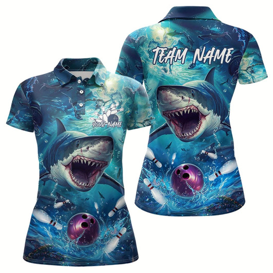 Goofygear Custom Shark Bowling Polo Shirts For Women, Shark Bowling Team Shirt
