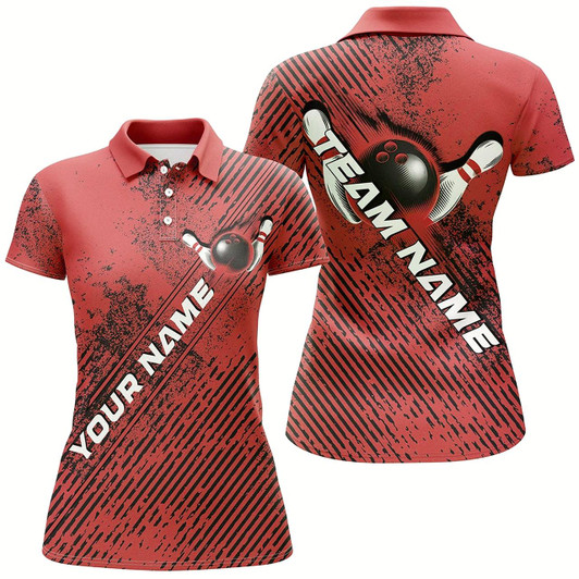 Goofygear Custom Red Bowling Jerseys, Grunge Bowling Polo Shirts For Women Bowlers Outfits