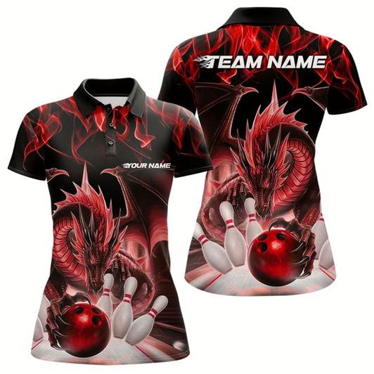 Goofygear Custom Red Flame Dragon Bowling Polo Shirts For Women, Dragon Bowling Team Jerseys