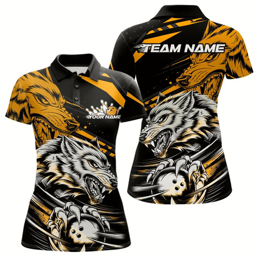 Goofygear Custom Black And Yellow Wolf Bowling Women Polo Shirts, Wolf Bowling League Team Shirt