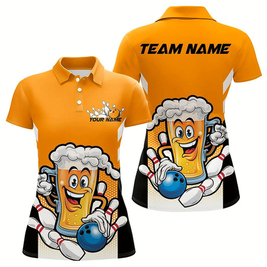 Goofygear Custom Funny Beer Bowling Polo Shirts For Women, Yellow Bowling Team Bowling League Shirt