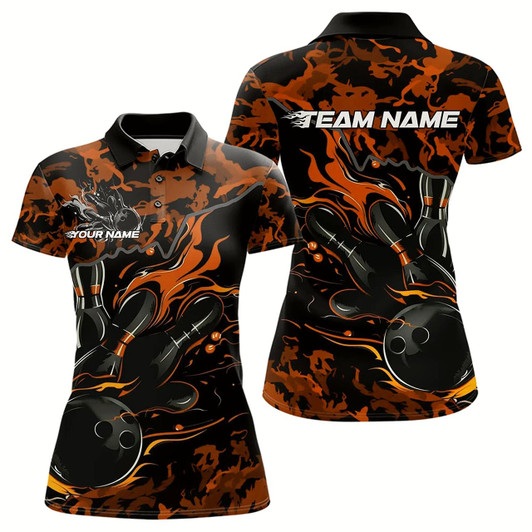 Goofygear Custom Black And Orange Camo Flame Bowling Womens Polo Shirts, Bowling Tournament Shirt