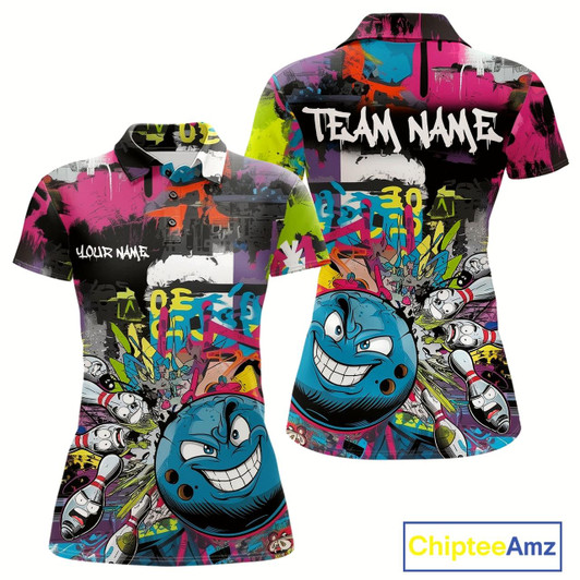 Goofygear Custom Funny Graffity Colorful Bowling Polo Shirts For Women, Bowling Tournament Shirt