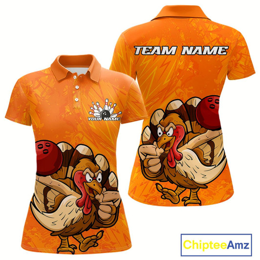 Goofygear Custom Funny Thanksgiving Turkey Bowling Women Polo Shirts, Bowling League Shirt Style 2