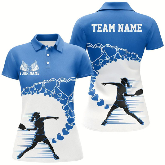 Goofygear Custom Valentine Pickleball Polo Shirts For Women, Blue Heart Pickleball Couple Shirt