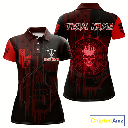 Goofygear Custom Darts Team Polo Shirt For Women Red Flame Dartboard - Darts Jersey