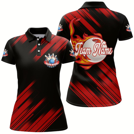 Goofygear Black Bowling Polo Shirt For Women Custom Flame Bowling Jersey Team Bowling Shirt