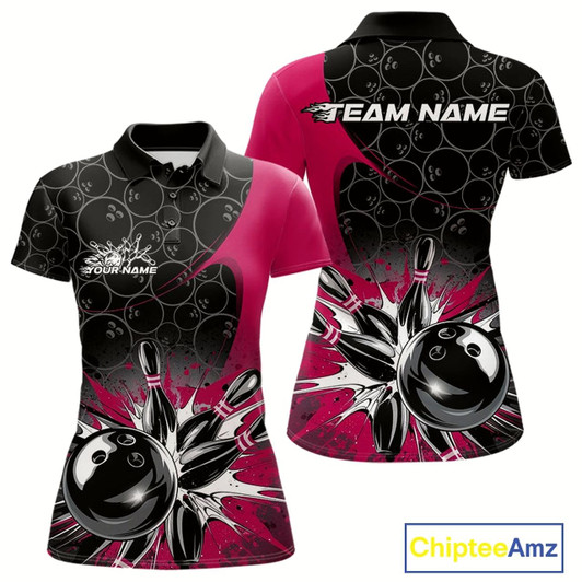 Goofygear Custom Pink Bowling Team Polo Shirts For Women, Bowling Pattern Bowling League Shirt