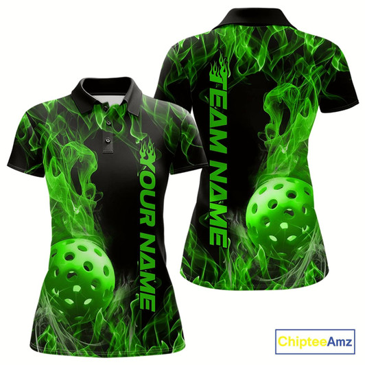 Goofygear Custom Green Flame Pickleball Polo Shirts For Women, Fire Pickleball Jerseys Team Uniform