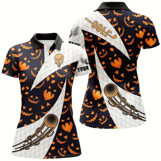 Goofygear Halloween Womens Golf Polo Shirt Custom Pumpkin Face Pattern Golf Shirts For Women Golf Gifts