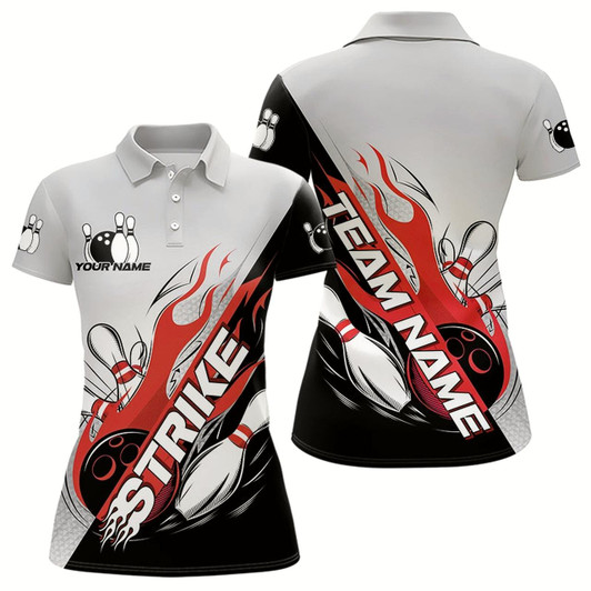 Goofygear Custom Red Flame Strike Bowling Women Polo Shirts, Team Uniform Bowling League Shirt