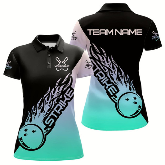 Goofygear Green And Purple Custom Strike Bowling Womens Polo Shirts, Bowling Team Shirt Bowler Outfit